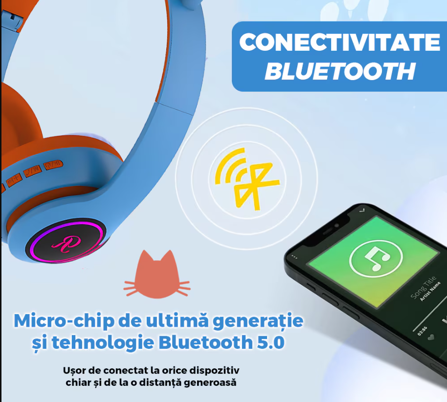 🎧 Căști Wireless HOZRO, Model Pisică VZN-66M – Sunet HiFi, Iluminare RGB, Bluetooth 5.0, Handsfree, Bass Stereo, LED, TF! 🐱 HOZRO