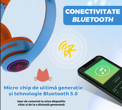 🎧 Căști Wireless HOZRO, Model Pisică VZN-66M – Sunet HiFi, Iluminare RGB, Bluetooth 5.0, Handsfree, Bass Stereo, LED, TF! 🐱 HOZRO
