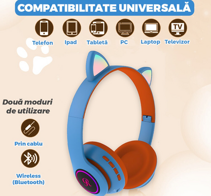 🎧 Căști Wireless HOZRO, Model Pisică VZN-66M – Sunet HiFi, Iluminare RGB, Bluetooth 5.0, Handsfree, Bass Stereo, LED, TF! 🐱 HOZRO