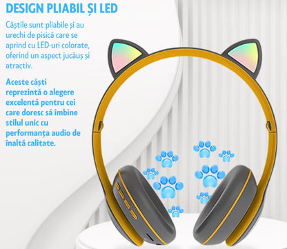 🎧 Căști Wireless HOZRO, Model Pisică VZN-66M – Sunet HiFi, Iluminare RGB, Bluetooth 5.0, Handsfree, Bass Stereo, LED, TF! 🐱 HOZRO