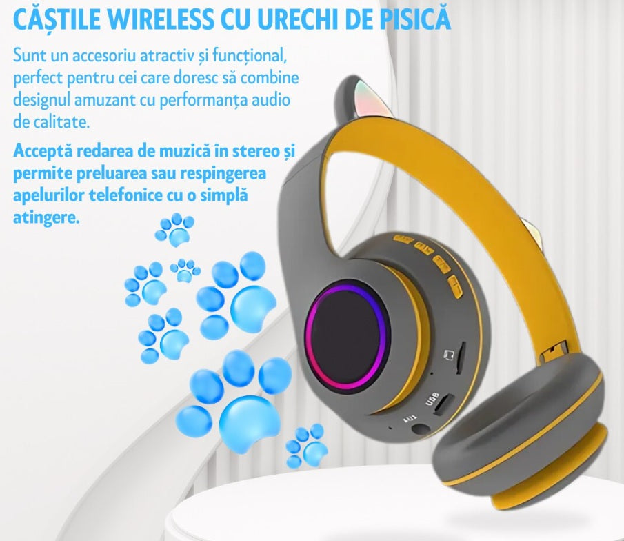 🎧 Căști Wireless HOZRO, Model Pisică VZN-66M – Sunet HiFi, Iluminare RGB, Bluetooth 5.0, Handsfree, Bass Stereo, LED, TF! 🐱 HOZRO