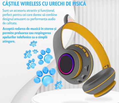 🎧 Căști Wireless HOZRO, Model Pisică VZN-66M – Sunet HiFi, Iluminare RGB, Bluetooth 5.0, Handsfree, Bass Stereo, LED, TF! 🐱 HOZRO