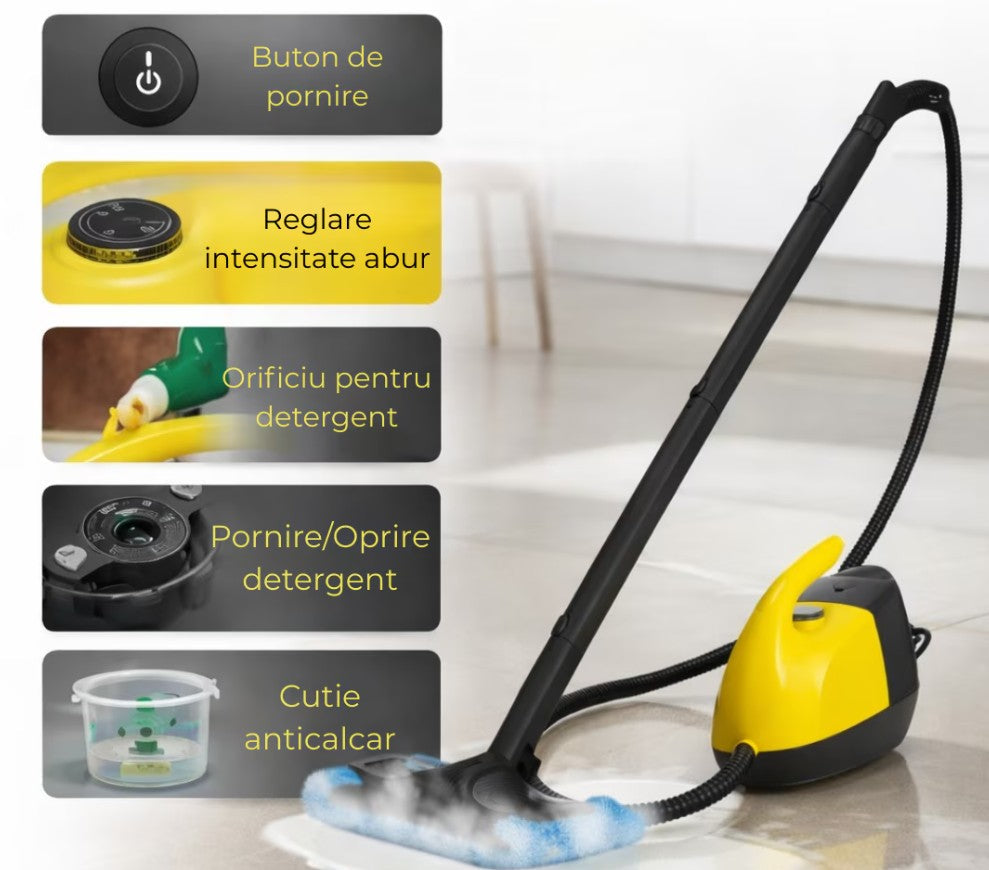 🧼Aparat de Curățat cu Abur Hozro DF-A968, 1800W, Multifuncțional, Reglare Abur, Funcție Detergent, Anti-Calc, 220-240V HOZRO