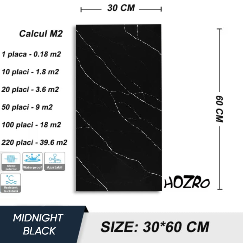 Set 10x Panouri decorative HOZRO, autoadezive, imitatie marmura, grosime 2mm, dimensiuni 30x60cm, suprafata acoperita 1.8 mp, Marmura Midnight Black HOZRO