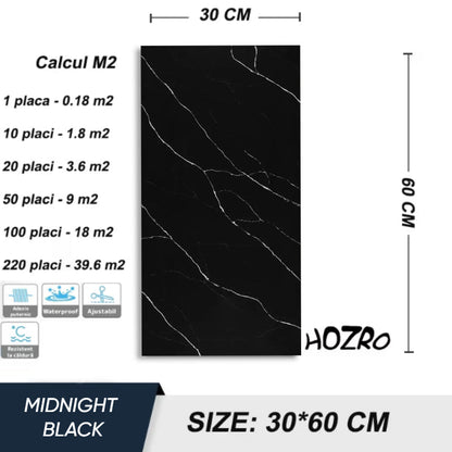 Set 10x Panouri decorative HOZRO, autoadezive, imitatie marmura, grosime 2mm, dimensiuni 30x60cm, suprafata acoperita 1.8 mp, Marmura Midnight Black HOZRO