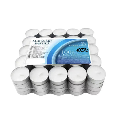 Set 100 Lumânări Pastilă HOZRO, Timp de Ardere 3 Ore, Ideal pentru Ambianță, Evenimente și Decor HOZRO
