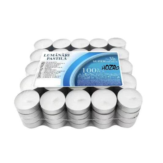 Set 100 Lumânări Pastilă HOZRO, Timp de Ardere 3 Ore, Ideal pentru Ambianță, Evenimente și Decor HOZRO