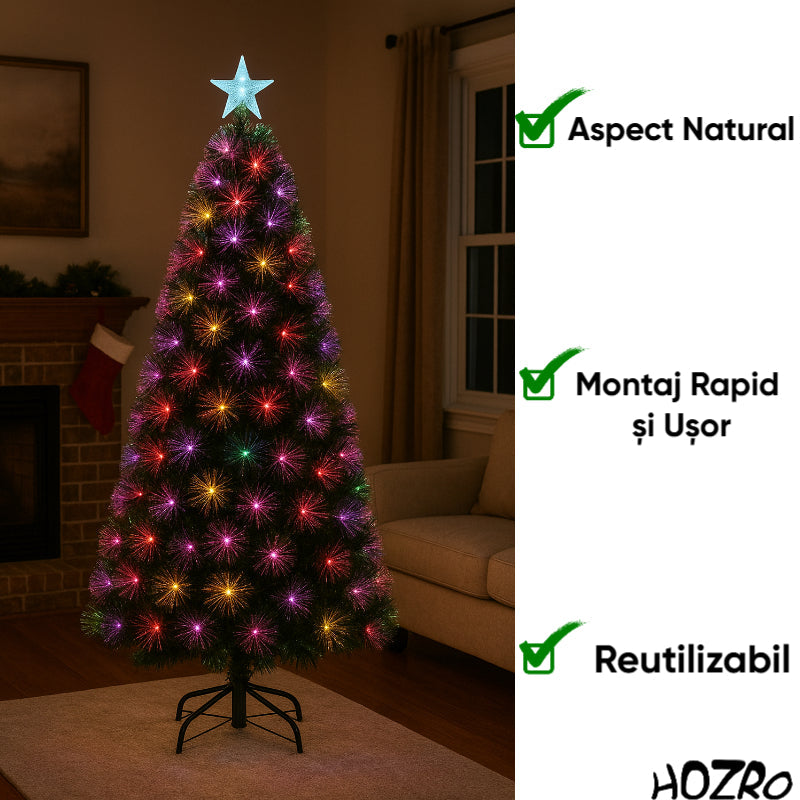Brad artificial de Crăciun HOZRO, iluminat LED roz cu efect cald și elegant, stea luminoasă în vârf și suport metalic inclus – decor festiv modern, ramuri dese și aspect realist pentru sărbători pline de culoare și rafinament 🎀 HOZRO