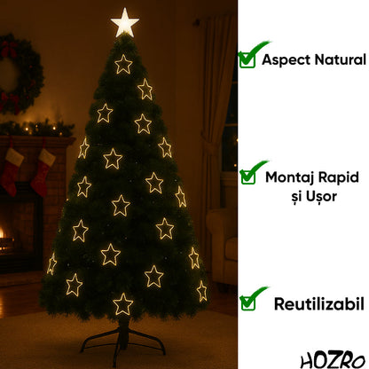 Brad artificial premium de Crăciun HOZRO, cu iluminat LED cald în formă de stele decorative, stea luminoasă în vârf și suport metalic rezistent inclus – aspect realist, ramuri dese și design elegant pentru sărbători magice și festive în familie 🎄 HOZRO