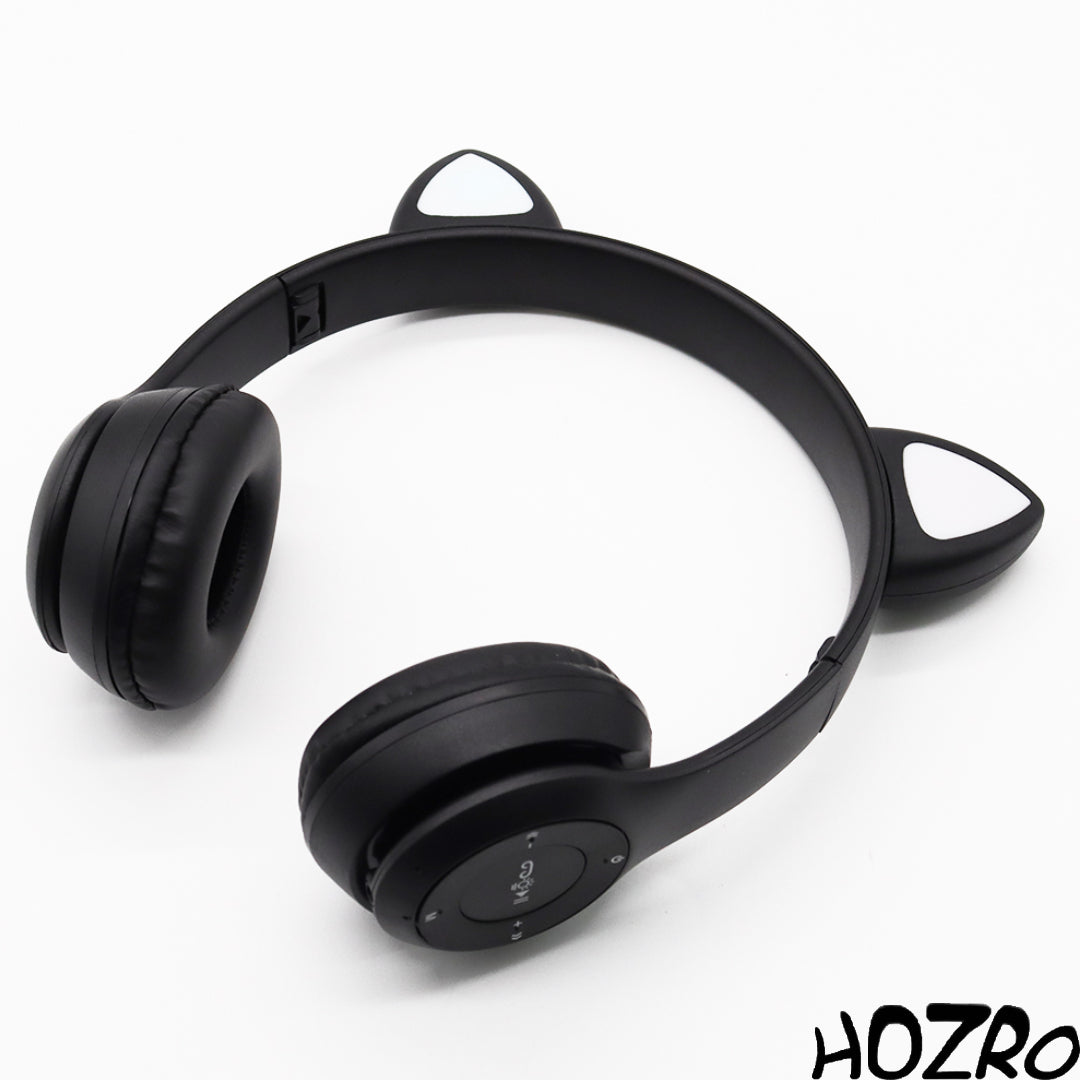 Căști Wireless HOZRO, Model P47 cu Urechi de Pisică – Model Negru, Bluetooth, Microfon Integrat și Design cu LED-uri HOZRO