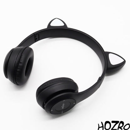 Căști Wireless HOZRO, Model P47 cu Urechi de Pisică – Model Negru, Bluetooth, Microfon Integrat și Design cu LED-uri HOZRO