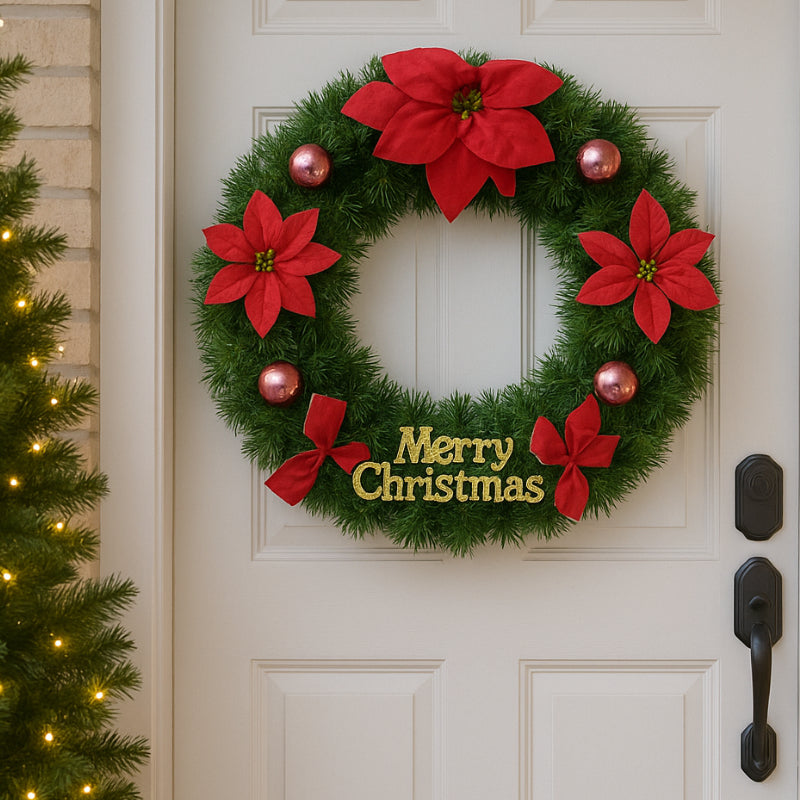 Coroniță decorativă HOZRO, de Crăciun elegantă, din crenguțe verzi artificiale, cu flori, fundițe, globuri strălucitoare și mesaj „Merry Christmas”, ideală pentru ușa de la intrare, perete sau masă festivă, decor clasic și rafinat pentru sărbători HOZRO