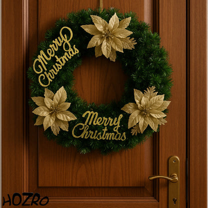 Coroniță decorativă HOZRO, de Crăciun elegantă, din crenguțe verzi artificiale, cu flori, fundițe, globuri strălucitoare și mesaj „Merry Christmas”, ideală pentru ușa de la intrare, perete sau masă festivă, decor clasic și rafinat pentru sărbători HOZRO