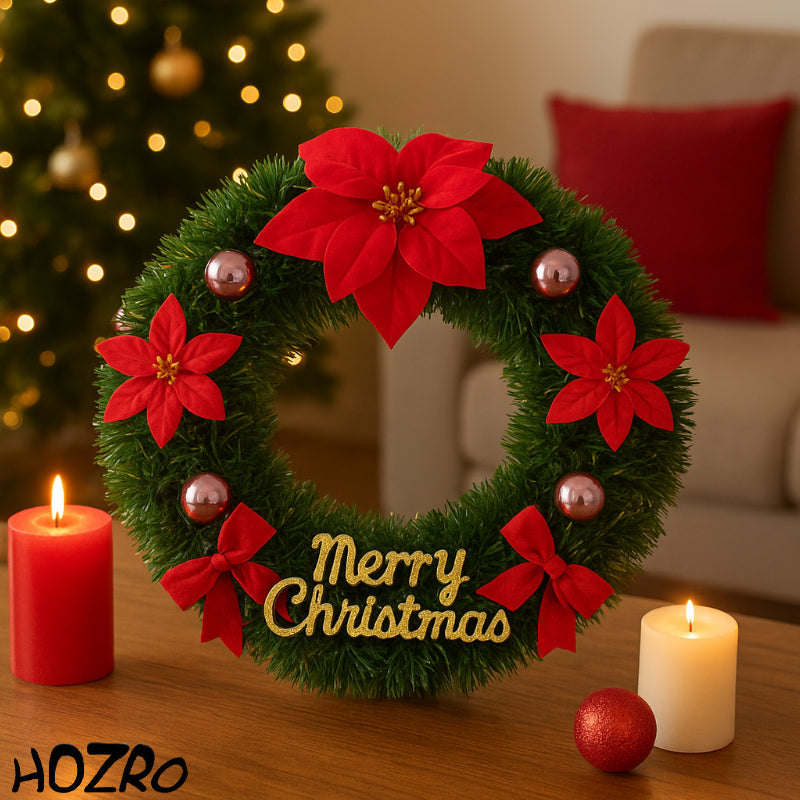 Coroniță decorativă HOZRO, de Crăciun elegantă, din crenguțe verzi artificiale, cu flori, fundițe, globuri strălucitoare și mesaj „Merry Christmas”, ideală pentru ușa de la intrare, perete sau masă festivă, decor clasic și rafinat pentru sărbători HOZRO