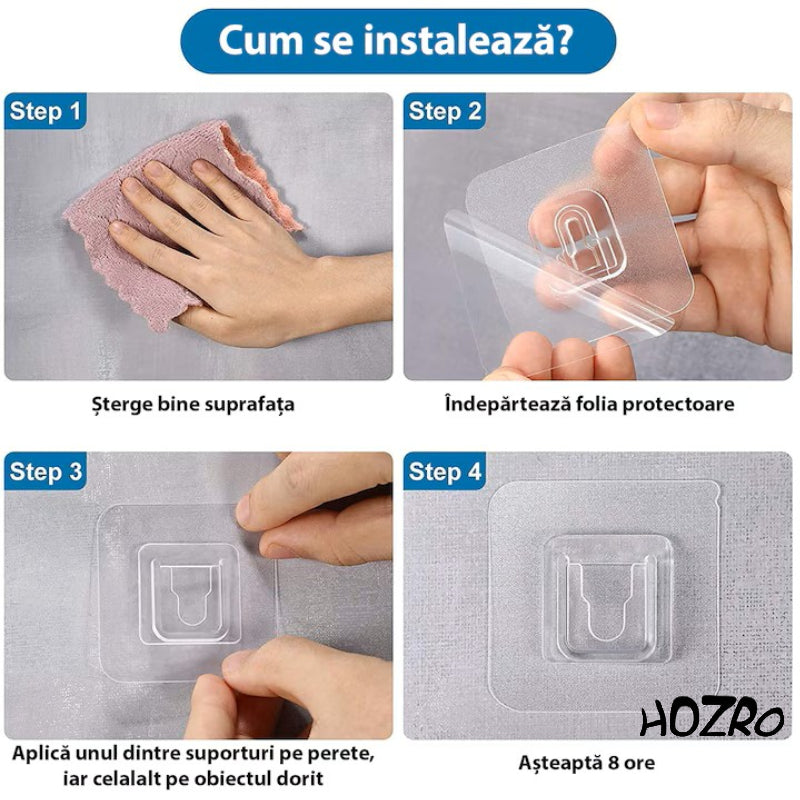 Suport Dublu de Fixare HOZRO, Transparent cu Adeziv Acrilic – Rezistent la Apă și Capabil să Susțină până la 10 Kg HOZRO