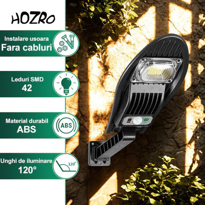Lampă Solară HOZRO, de Exterior cu Telecomandă – Model W776B, 42 LED-uri SMD Ultra-Luminoase, Lumina Alb Rece, 3 Moduri de Funcționare, Senzor de Mișcare și Lumină, Unghi de Iluminare 120°, Material ABS Rezistent la Intemperii, Waterproof HOZRO