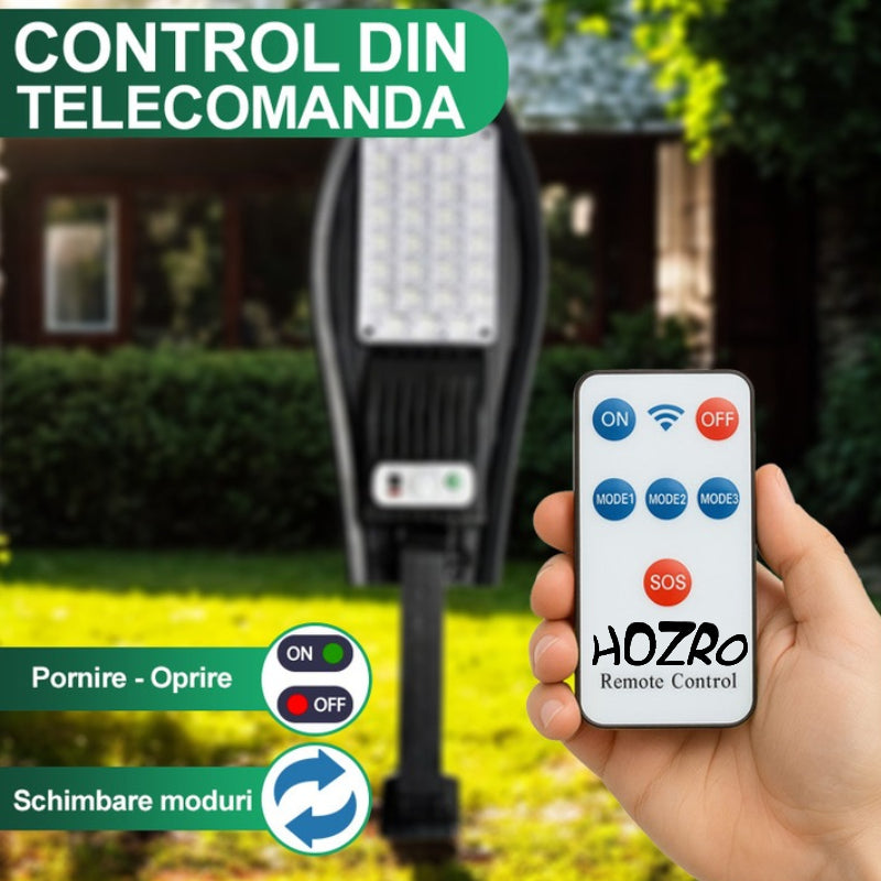 Lampă Solară de Exterior HOZRO, cu Telecomandă – Model W777A, 30x4 LED-uri SMD Ultra-Luminoase, Lumina Alb Rece, 3 Moduri de Funcționare, Senzor de Mișcare și Lumină, Waterproof, Unghi de Iluminare 120°, Material ABS Rezistent HOZRO