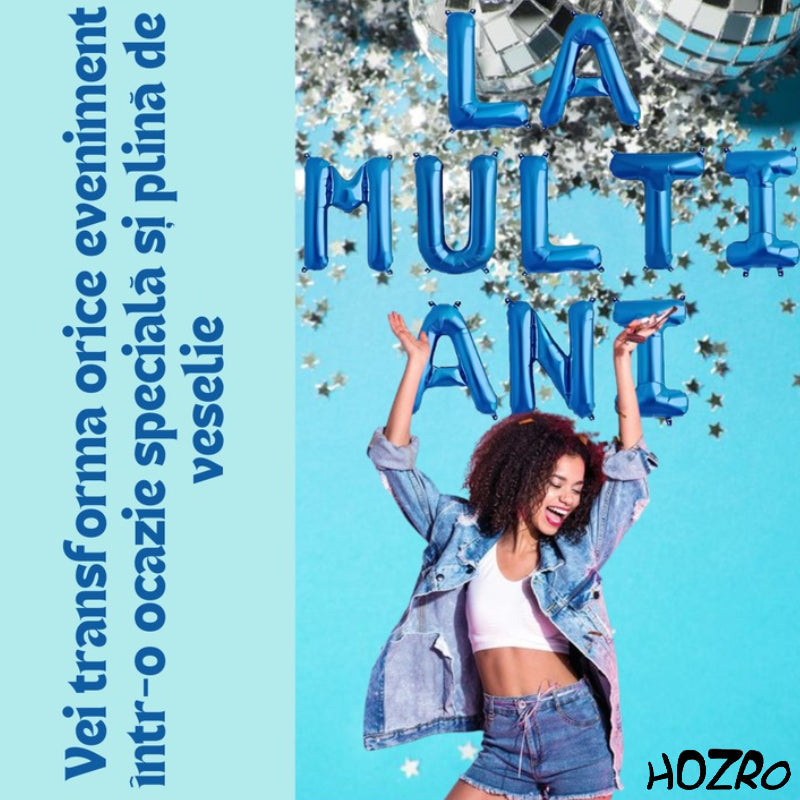 Set Baloane HOZRO, din Folie „La Mulți Ani”, Culoare Albastru Metalizat, Înălțime 35 cm, Decor Festiv pentru Aniversări, Petreceri și Evenimente Speciale, Material Rezistent și Reutilizabil, Ușor de Umflat cu Aer sau Heliu HOZRO