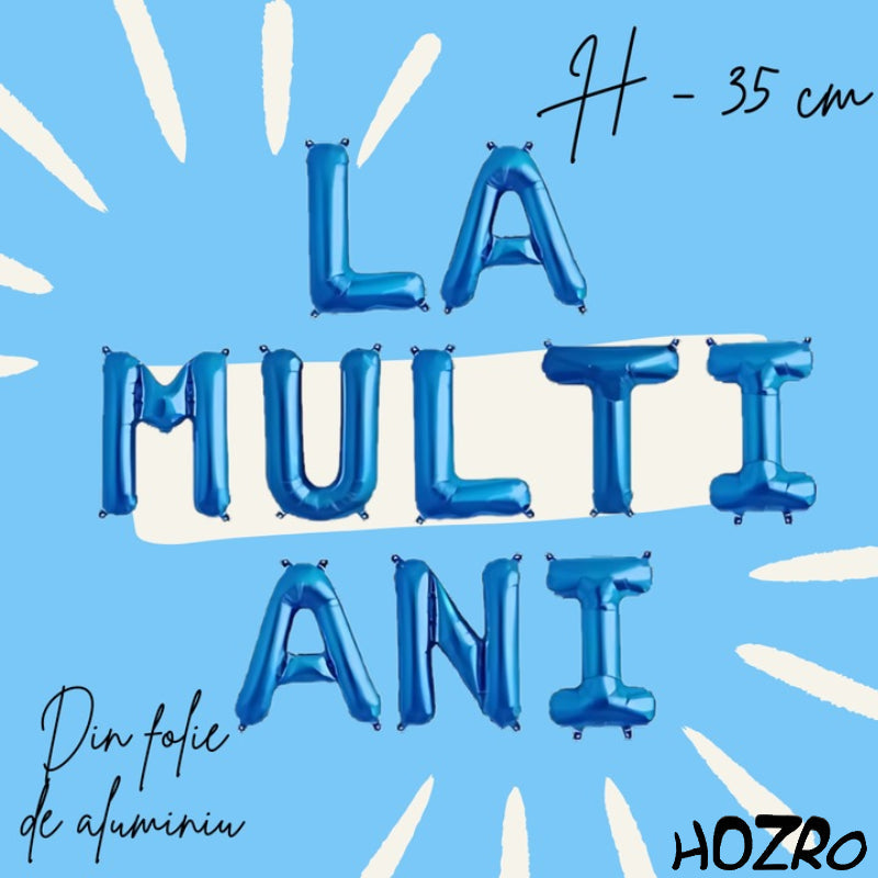Set Baloane HOZRO, din Folie „La Mulți Ani”, Culoare Albastru Metalizat, Înălțime 35 cm, Decor Festiv pentru Aniversări, Petreceri și Evenimente Speciale, Material Rezistent și Reutilizabil, Ușor de Umflat cu Aer sau Heliu HOZRO