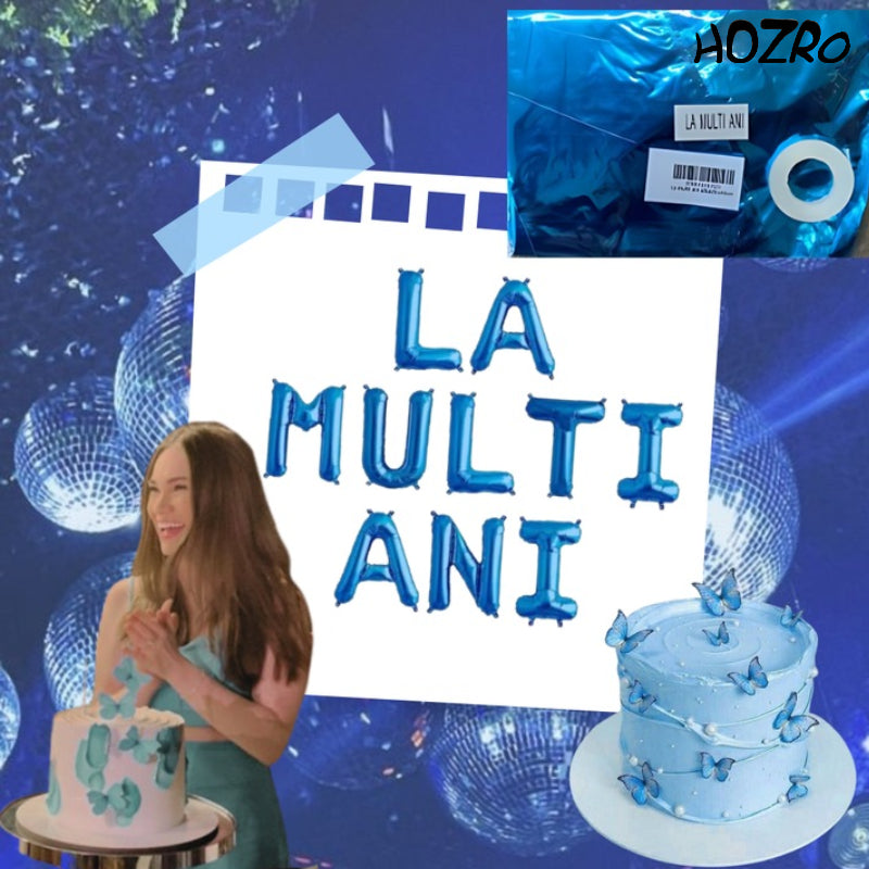 Set Baloane HOZRO, din Folie „La Mulți Ani”, Culoare Albastru Metalizat, Înălțime 35 cm, Decor Festiv pentru Aniversări, Petreceri și Evenimente Speciale, Material Rezistent și Reutilizabil, Ușor de Umflat cu Aer sau Heliu HOZRO
