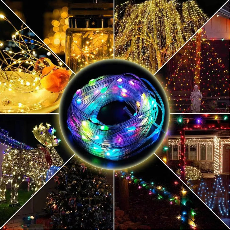 Instalatie Luminoasă Smart RGB HOZRO, Pentru Brad, 10M cu 100 LED-uri, Control prin Aplicație QR, Alimentare USB, 7 Culori și Efecte Multiple – Iluminare Decorativă Inteligentă pentru Crăciun, Dormitor, Terasă sau Evenimente HOZRO