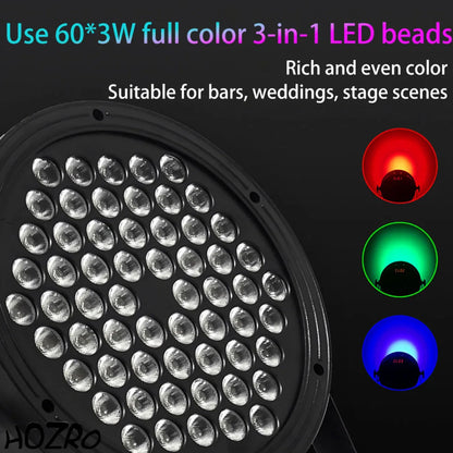 Lumină de Scenă Profesională RGB HOZRO, 60 LED , 1.5W, Efecte Multicolore Dinamice, Iluminare Puternică pentru DJ, Club, Festival sau Evenimente – Design Compact și Consum Redus de Energie HOZRO