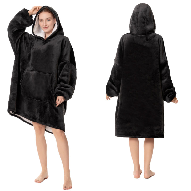 Patura cu maneci HOZRO, tip hanorac cu gluga si marsupiu, fleece captusit cu blana, Poliester, Negru HOZRO