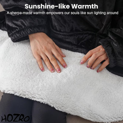 Patura cu maneci HOZRO, tip hanorac cu gluga si marsupiu, fleece captusit cu blana, Poliester, Negru HOZRO