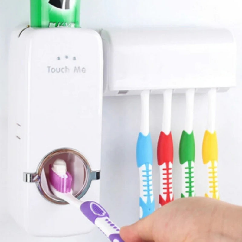 Dozator Automat HOZRO, de Pastă de Dinți cu Suport pentru Periuțe, Sistem „Touch Me”, Igienic și Ușor de Montat, Culoare Albă HOZRO