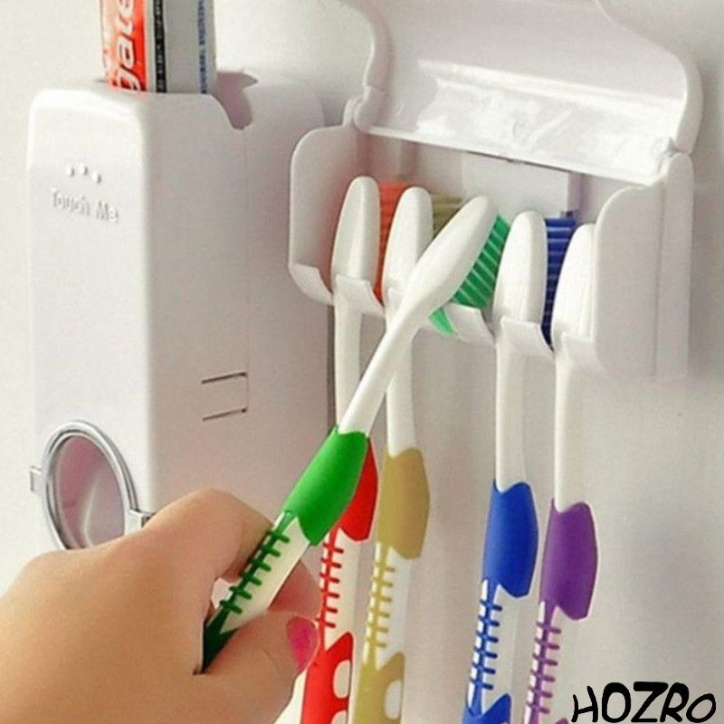 Dozator Automat HOZRO, de Pastă de Dinți cu Suport pentru Periuțe, Sistem „Touch Me”, Igienic și Ușor de Montat, Culoare Albă HOZRO