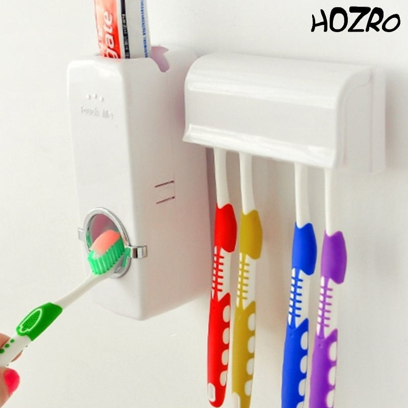 Dozator Automat HOZRO, de Pastă de Dinți cu Suport pentru Periuțe, Sistem „Touch Me”, Igienic și Ușor de Montat, Culoare Albă HOZRO