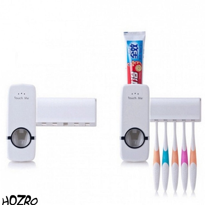 Dozator Automat HOZRO, de Pastă de Dinți cu Suport pentru Periuțe, Sistem „Touch Me”, Igienic și Ușor de Montat, Culoare Albă HOZRO