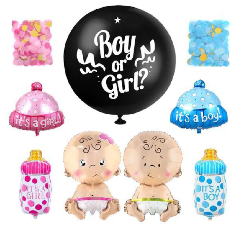 Set 7 Baloane HOZRO, Gender Reveal „Girl or Boy”, 90 cm, pentru Anunțul Sarcinii: Fetiță sau Băiețel HOZRO