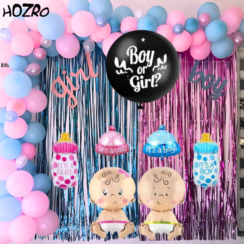 Set 7 Baloane HOZRO, Gender Reveal „Girl or Boy”, 90 cm, pentru Anunțul Sarcinii: Fetiță sau Băiețel HOZRO