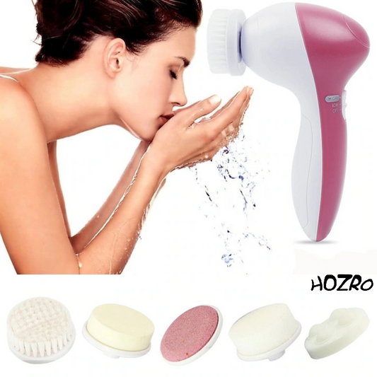 Mini-Aparat de Masaj pentru Față 5 în 1 – Curățare Eficientă, Îngrijire Delicată, 2 Trepte de Intensitate, Alb/Roz HOZRO