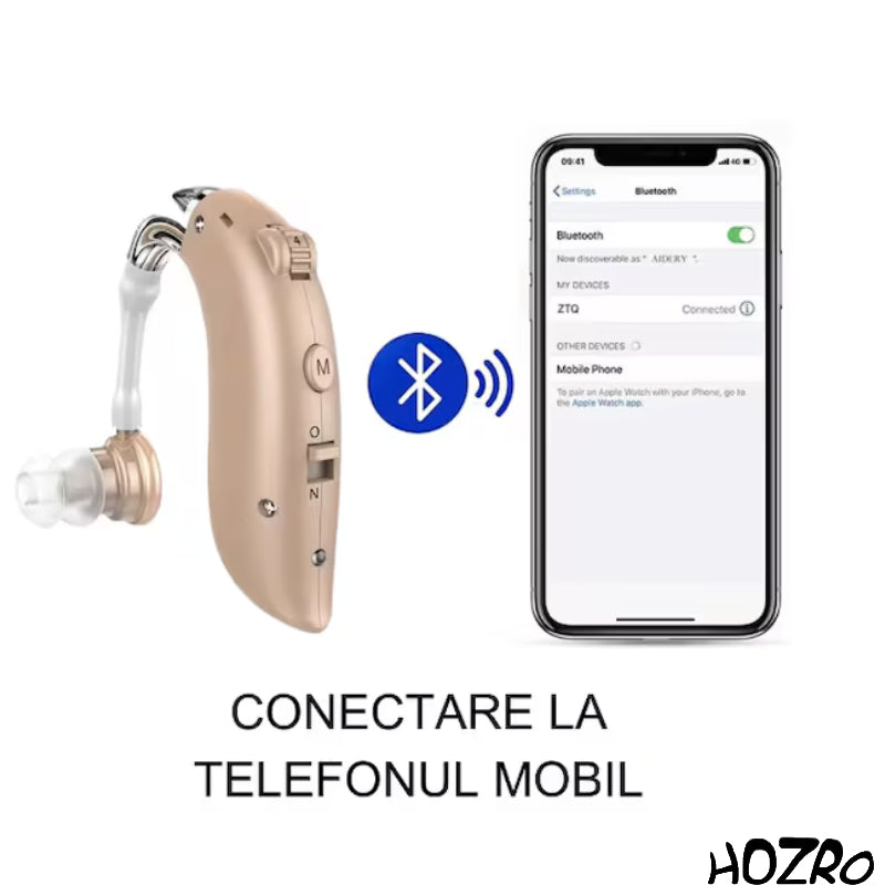 Aparat Auditiv HOZRO, Model G25BT – Conectivitate Bluetooth, Încărcare la Priză, Autonomie 80–100h, Chip Digital, 4 Niveluri de Volum, Bej HOZRO