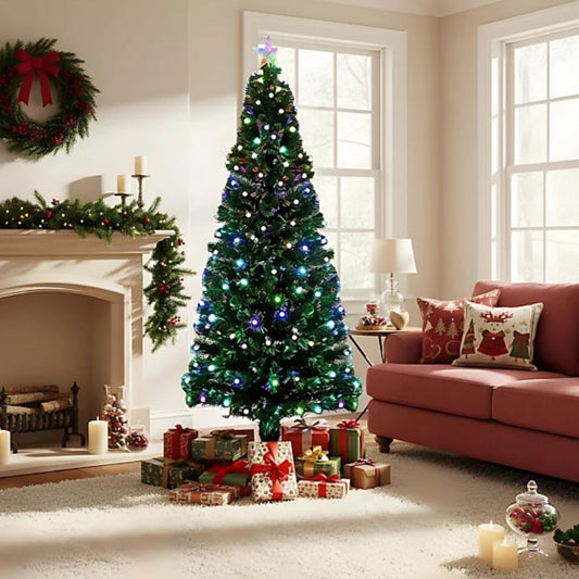 Brad artificial de Crăciun HOZRO, cu iluminat LED multicolor, stea luminoasă în vârf și suport metalic rezistent inclus – ramuri bogate, design realist și decor festiv spectaculos pentru sărbători pline de culoare și bucurie 🎄 HOZRO