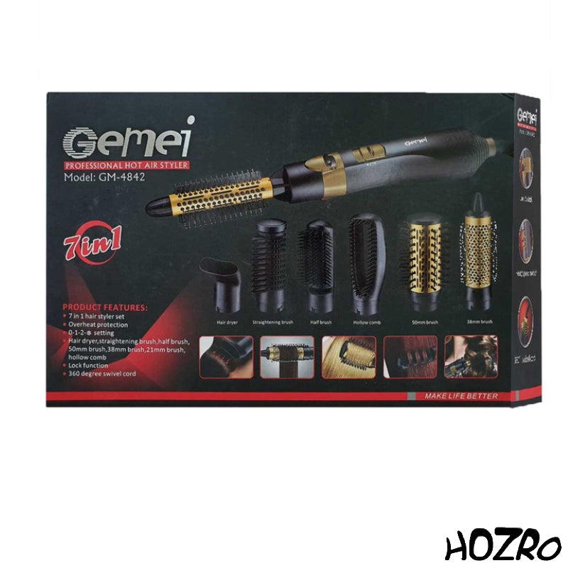 Aparat Multifuncțional 6 în 1 HOZRO, pentru Coafat Părul Gemei GM-4842 – 6 Capete Interșanjabile, 2 Trepte de Temperatură și 2 Trepte de Viteză, Design Elegant Negru HOZRO