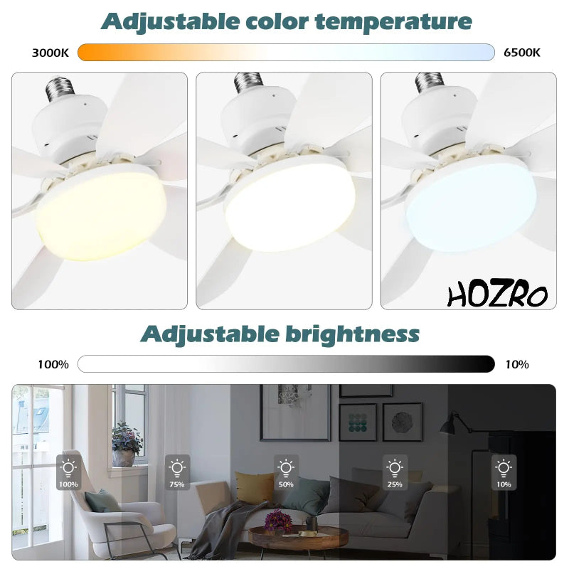 Lustră LED HOZRO, cu Ventilator Integrat 40W, Soclu E27, Control de la Distanță pentru Reglarea Luminozității, Design Modern pentru Living, Birou sau Dormitor, Compatibilă 85–265V HOZRO