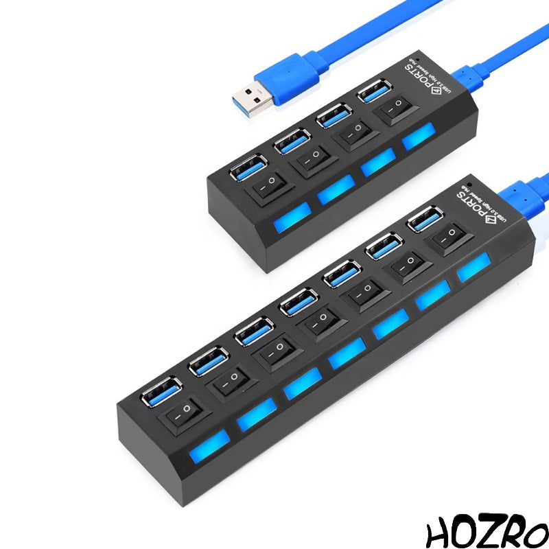 Hub USB HOZRO, 3.0 cu 4/7 Porturi, Butoane ON/OFF Individuale și LED-uri de Status – Extensor de Porturi Rapid, Stabil și Eficient pentru Laptop, PC sau Consolă HOZRO