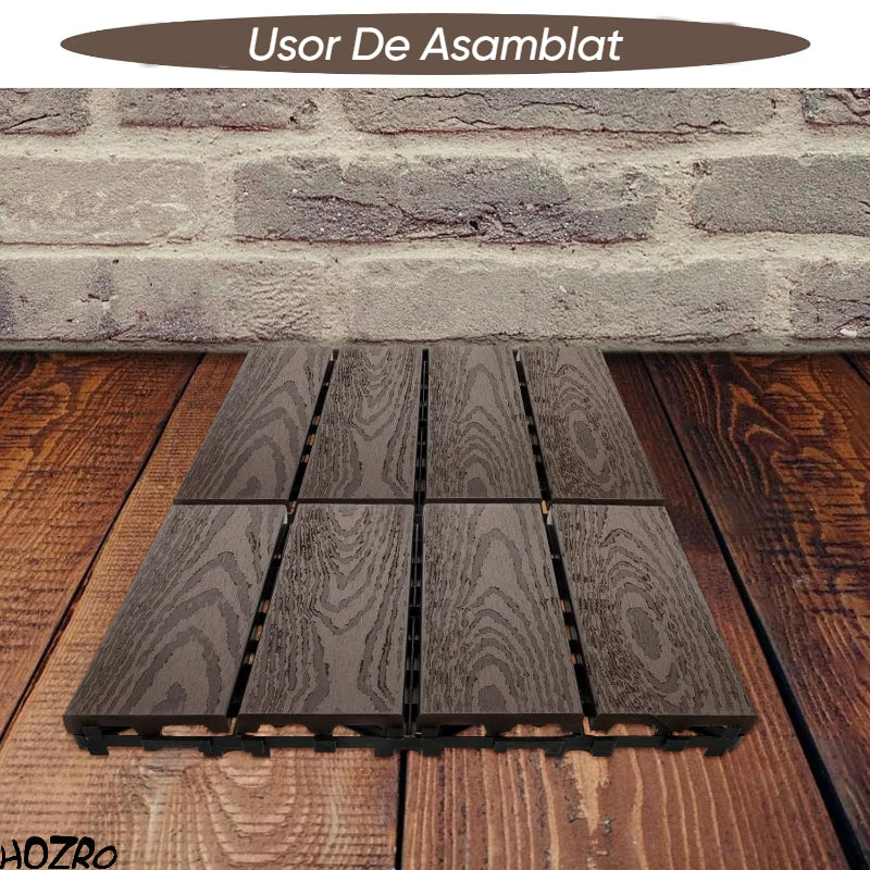 Pavaj pentru Terasă HOZRO, din Lemn cu Sistem Interlocking, Dimensiune 30 × 30 cm – Plăci de Pardoseală pentru Exterior, Impermeabile și Rezistente la Intemperii, Potrivite pentru Grădina sau Zonă de Piscina, Ușor de Montat, Culoare Maro, Model V0601-42 HOZRO