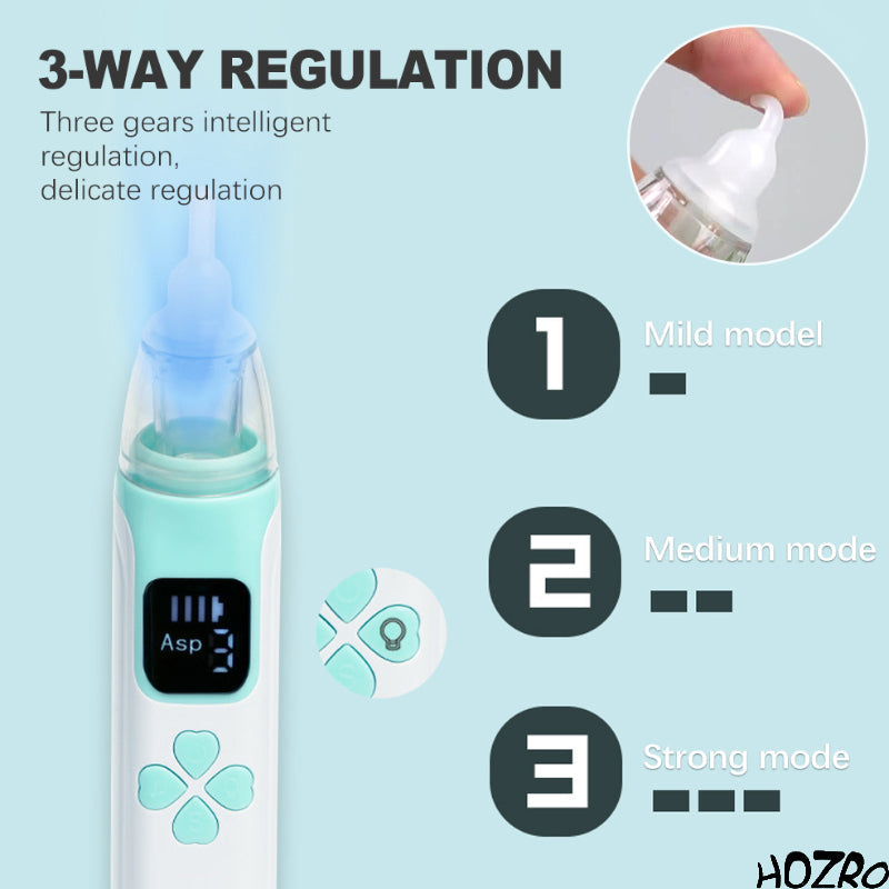 Aspirator nazal electric HOZRO, 3 în 1 pentru bebeluși, cu putere de aspirație reglabilă pe 3 niveluri, vârfuri din silicon moale, zgomot redus, dispozitiv sigur și netoxic pentru igiena nazală a nou-născuților și copiilor mici HOZRO