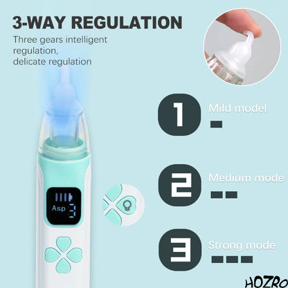 Aspirator nazal electric HOZRO, 3 în 1 pentru bebeluși, cu putere de aspirație reglabilă pe 3 niveluri, vârfuri din silicon moale, zgomot redus, dispozitiv sigur și netoxic pentru igiena nazală a nou-născuților și copiilor mici HOZRO