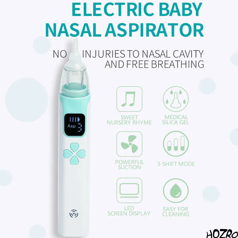 Aspirator nazal electric HOZRO, 3 în 1 pentru bebeluși, cu putere de aspirație reglabilă pe 3 niveluri, vârfuri din silicon moale, zgomot redus, dispozitiv sigur și netoxic pentru igiena nazală a nou-născuților și copiilor mici HOZRO