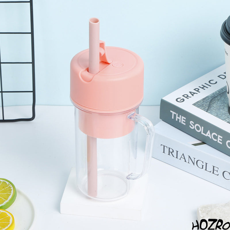 Storcător electric portabil HOZRO, cu mâner și pai încorporat, blender personal pentru smoothie-uri reîncărcabil prin USB, cu 6 lame din oțel inoxidabil de mare viteză, fără BPA și anti-scurgere, capac rabatabil pentru băut ușor, recipient de 420 ml HOZRO