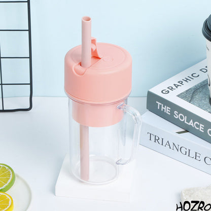 Storcător electric portabil HOZRO, cu mâner și pai încorporat, blender personal pentru smoothie-uri reîncărcabil prin USB, cu 6 lame din oțel inoxidabil de mare viteză, fără BPA și anti-scurgere, capac rabatabil pentru băut ușor, recipient de 420 ml HOZRO