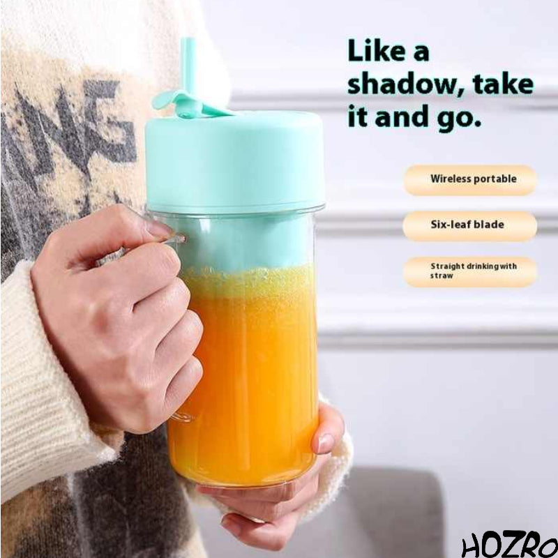 Storcător electric portabil HOZRO, cu mâner și pai încorporat, blender personal pentru smoothie-uri reîncărcabil prin USB, cu 6 lame din oțel inoxidabil de mare viteză, fără BPA și anti-scurgere, capac rabatabil pentru băut ușor, recipient de 420 ml HOZRO