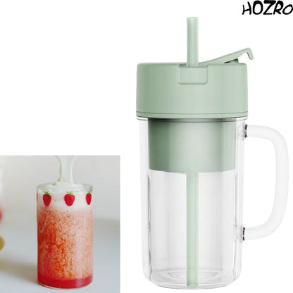 Storcător electric portabil HOZRO, cu mâner și pai încorporat, blender personal pentru smoothie-uri reîncărcabil prin USB, cu 6 lame din oțel inoxidabil de mare viteză, fără BPA și anti-scurgere, capac rabatabil pentru băut ușor, recipient de 420 ml HOZRO