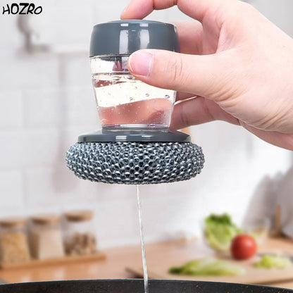 Perie de curățare HOZRO, pentru vase cu dozator de detergent integrat, din plastic rezistent, perie tip scrub pentru oale și tigăi, design ergonomic pentru palmă, distribuire ușoară a săpunului
