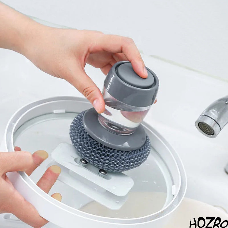 Perie de curățare HOZRO, pentru vase cu dozator de detergent integrat, din plastic rezistent, perie tip scrub pentru oale și tigăi, design ergonomic pentru palmă, distribuire ușoară a săpunului
